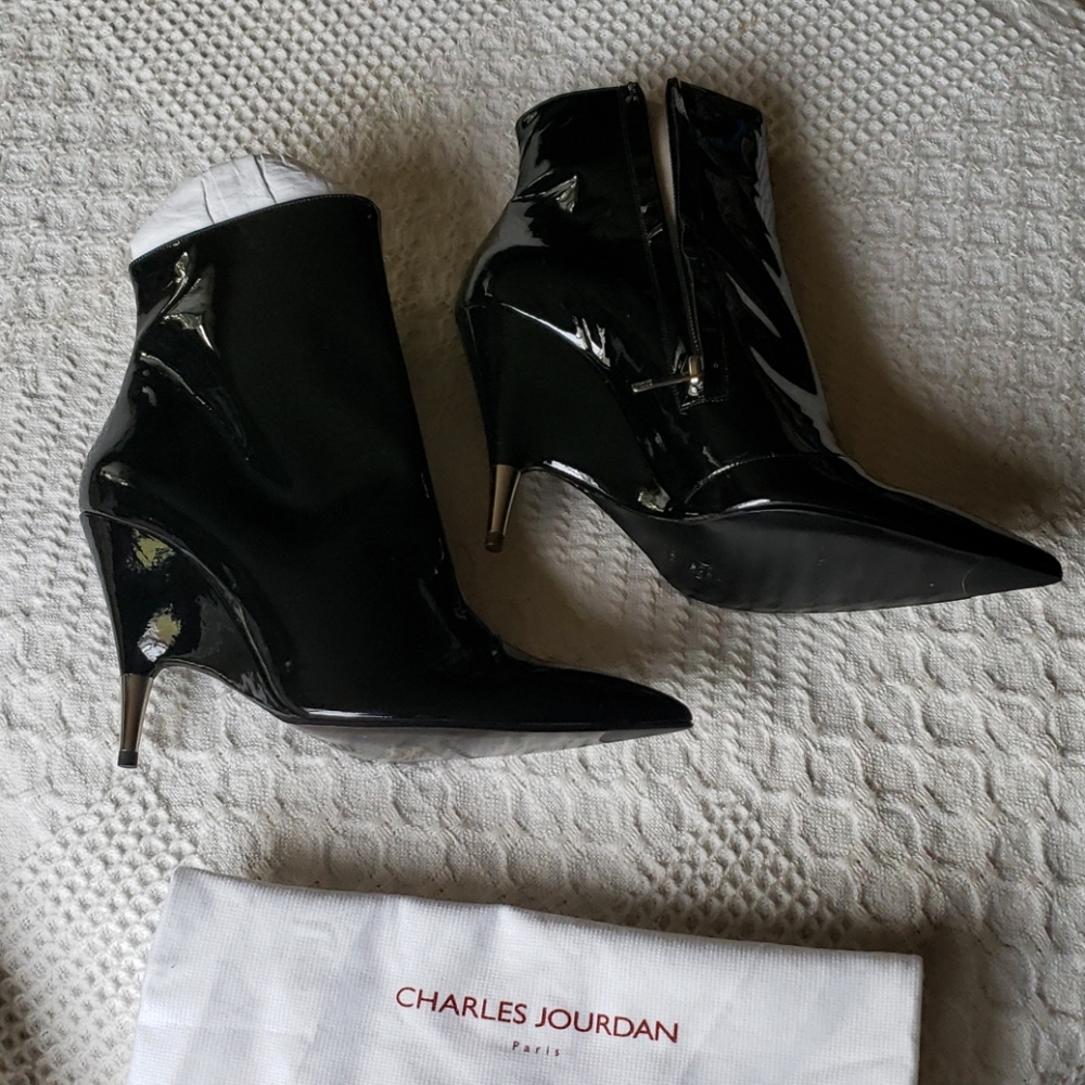 Charles Jourdan Black Patent Leather Ankle Boots
